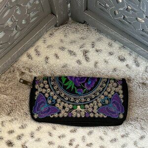 Black embroidered clutch purse floral butterfly festival boho fiesta resortwear
